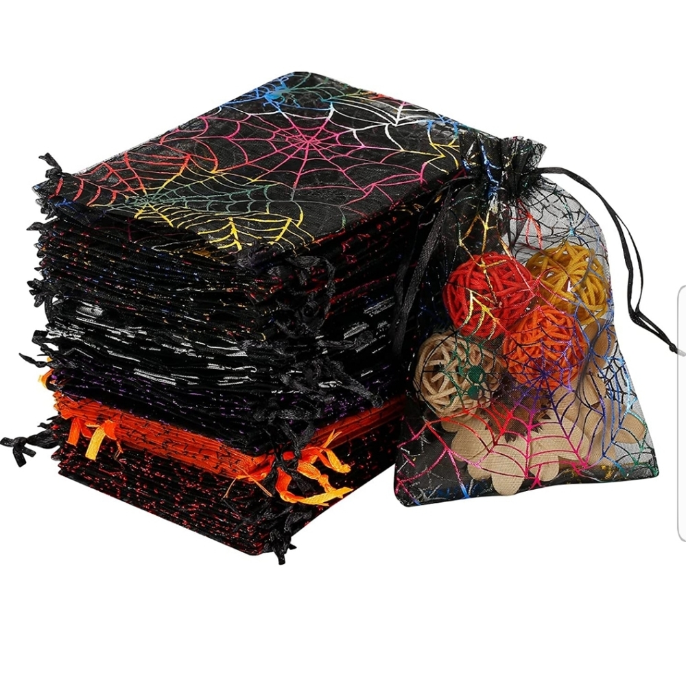 25 Ct Multidesign Halloween 4x6" Organza Bags.  Black Spider Web Etc Gif…